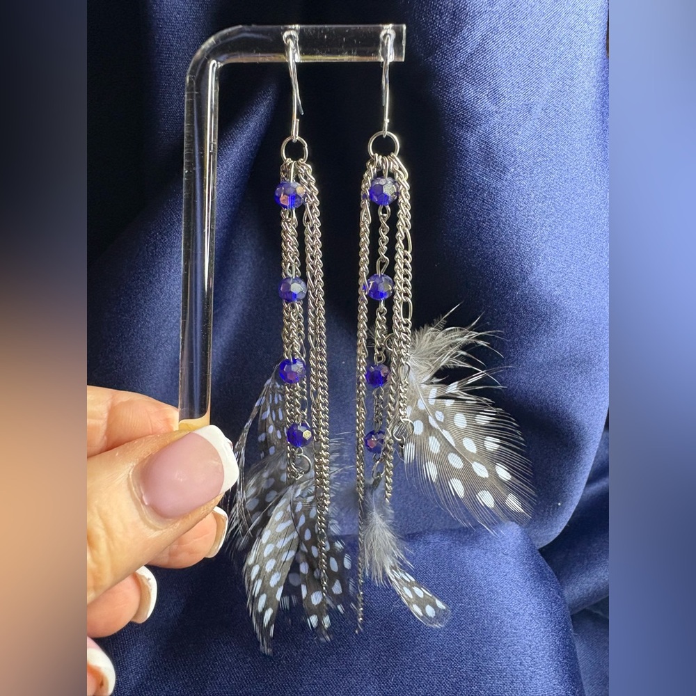 Earrings Silver, Irridecent Glass Beads with Blue Black Feathers Long 6”